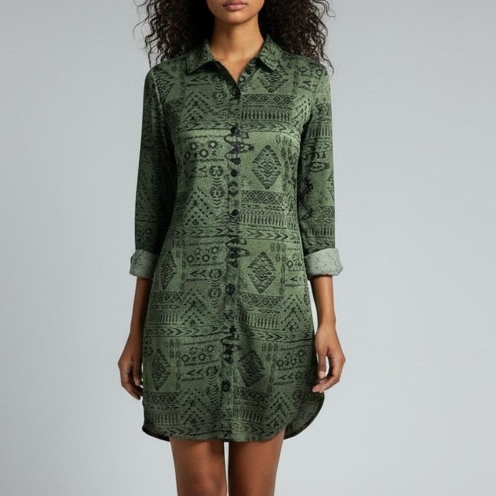 Green Aztec Print Long Sleeve Button Front Shirt Dress Women's Size Small